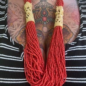Bali Boho Carved Elephant Beaded Statement Necklace